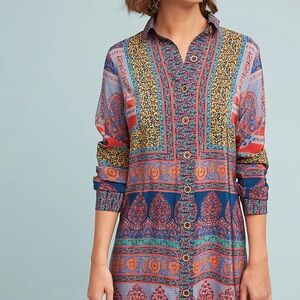 Maeve Anthropology Silk Boho Paisley Button Front Dress Tunic 0